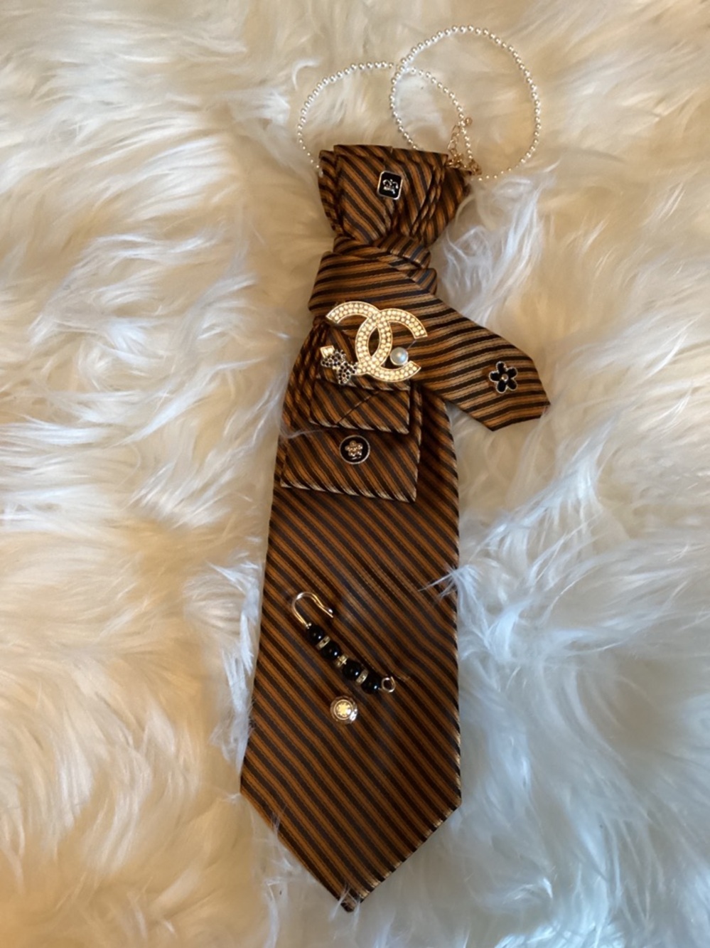CHANEL Brown Black Striped Silk Tie Necklace with Crystal CC Brooch